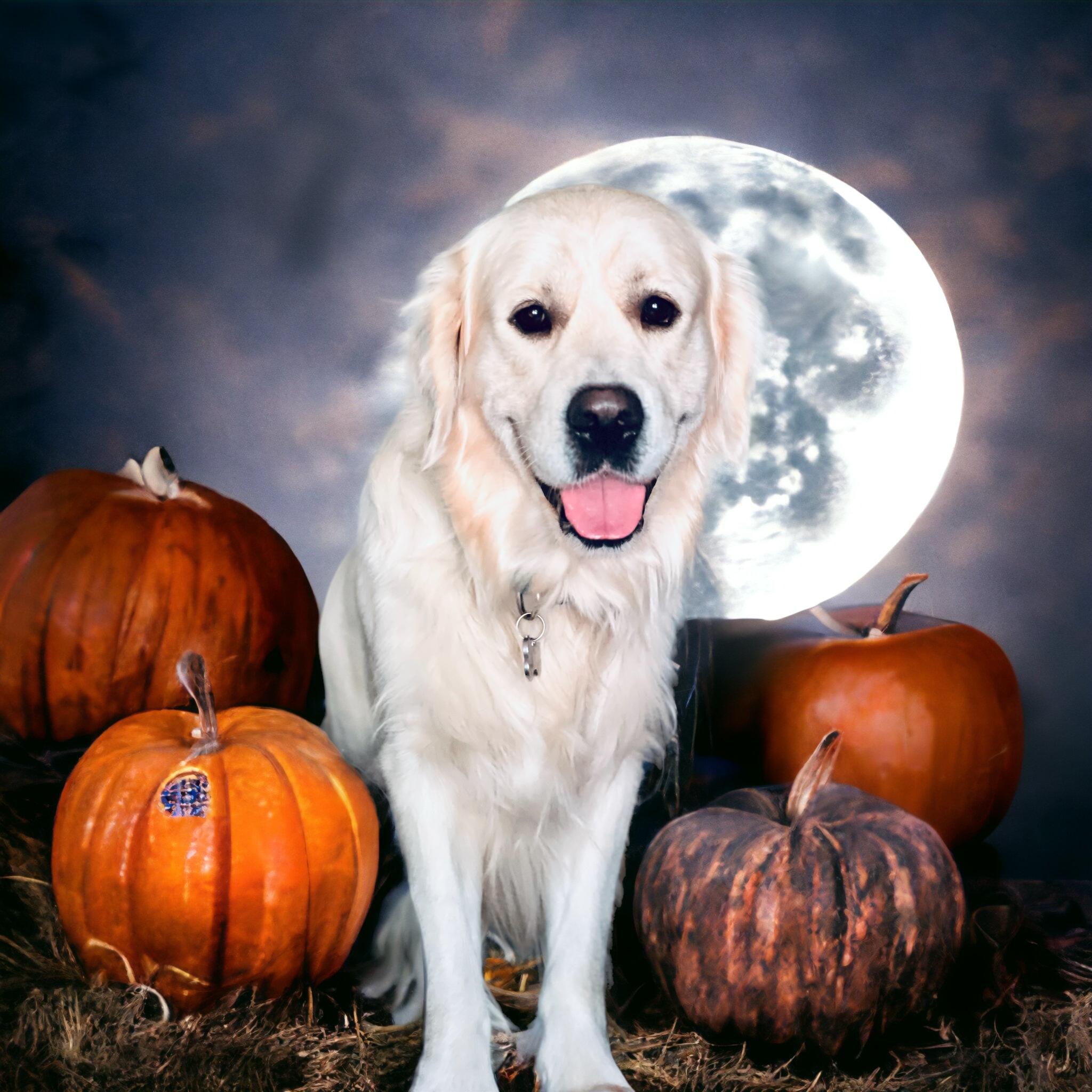 Falkor posing with pumpkins