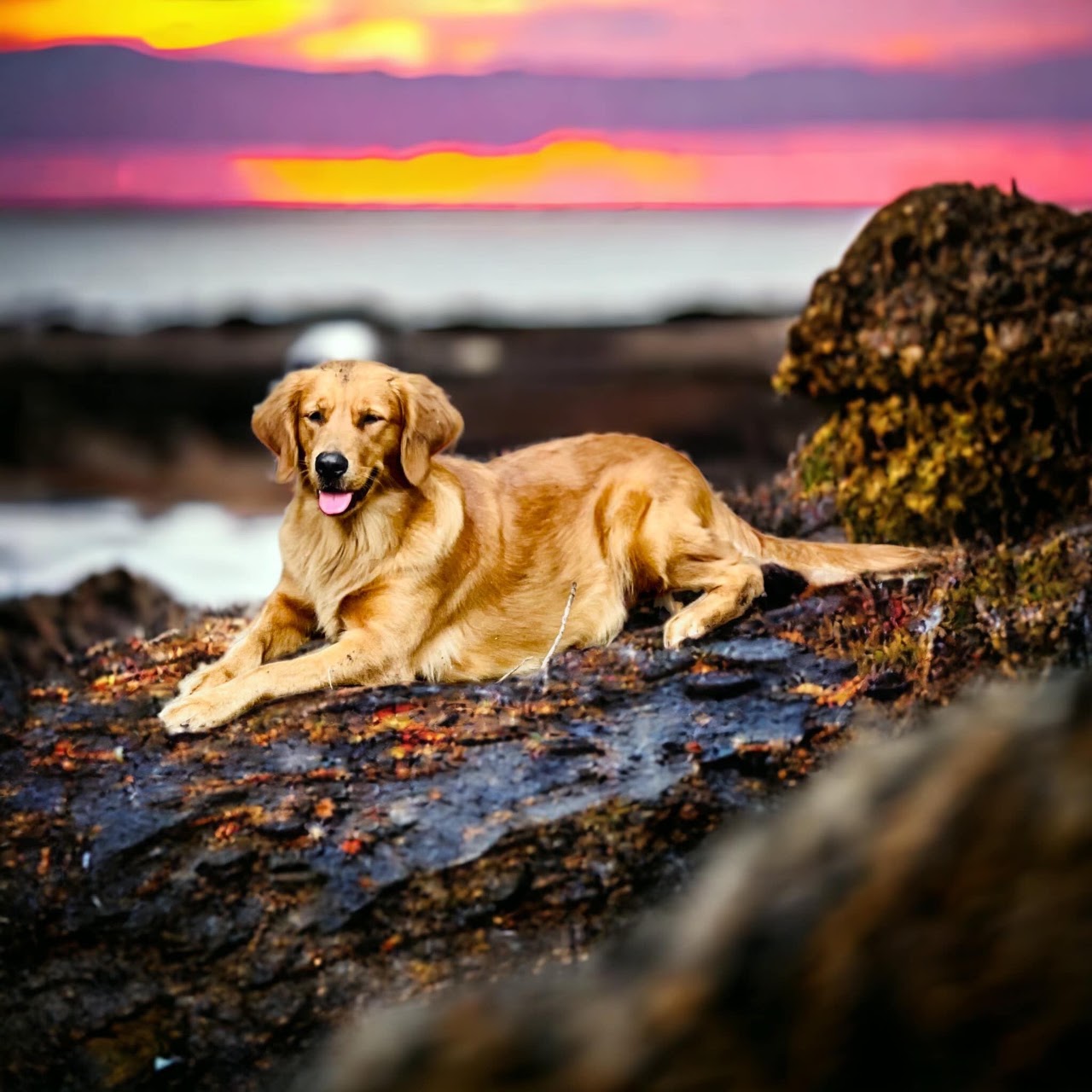Gypsy resting by the water at sunset