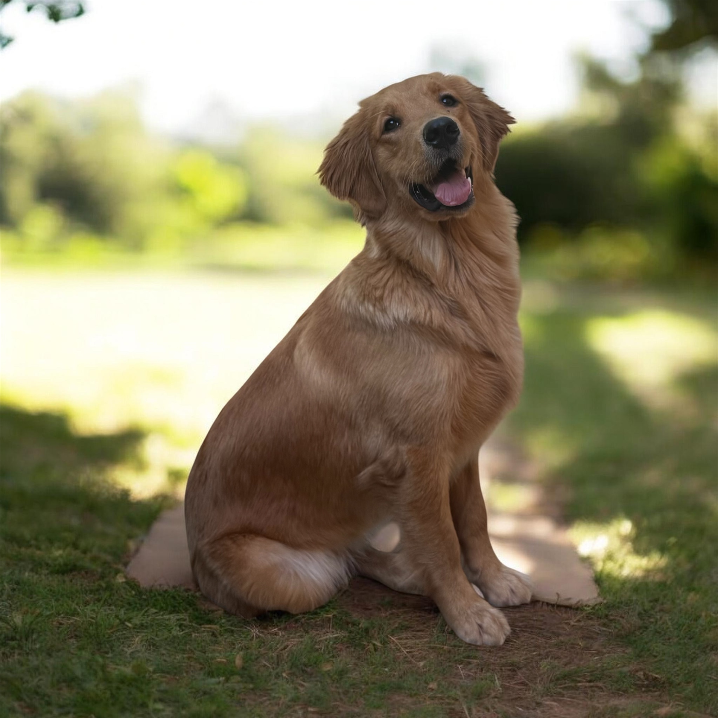 Gigi sitting on a garden path