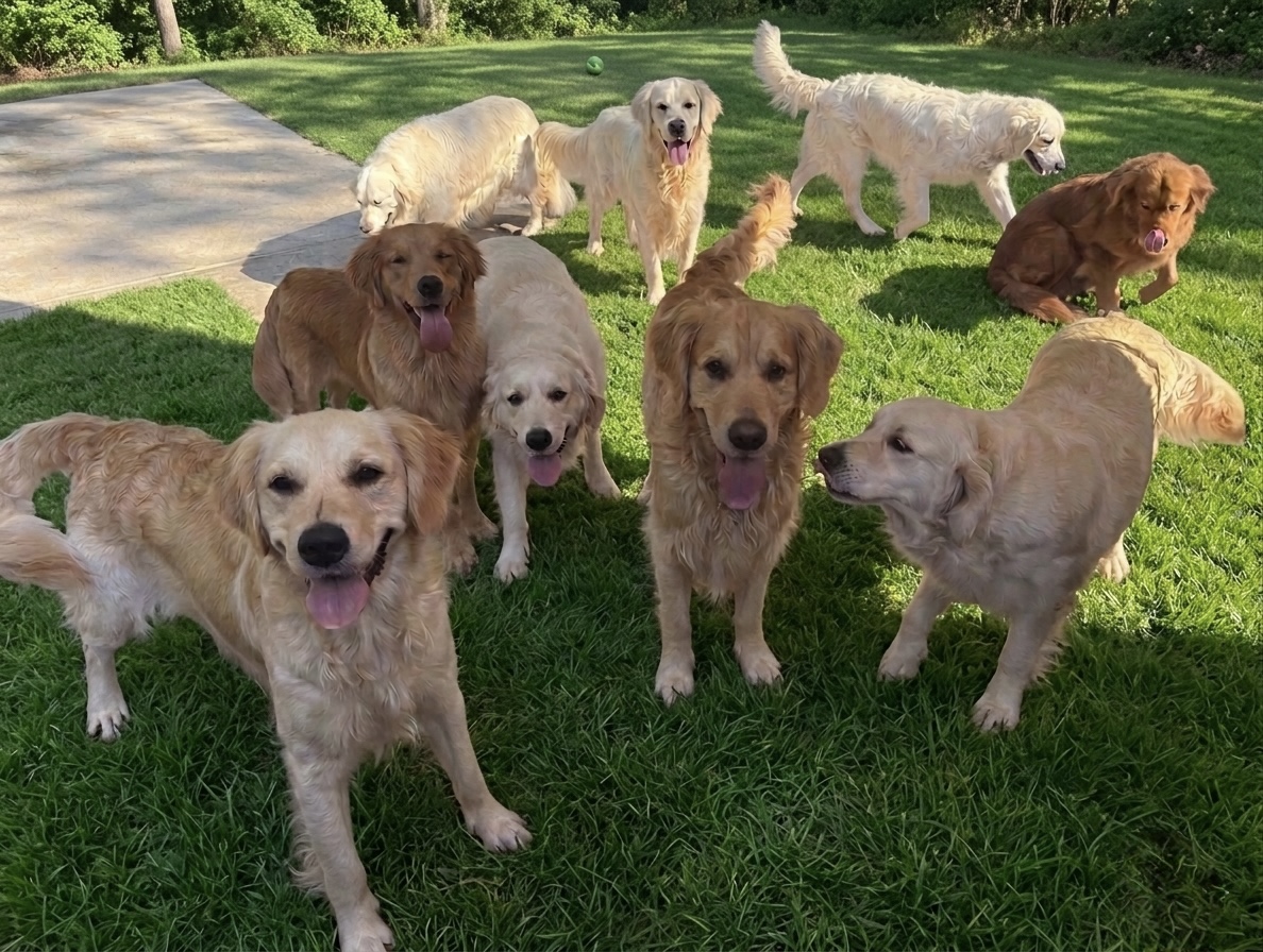 The Ladybug Goldens family together in the yard