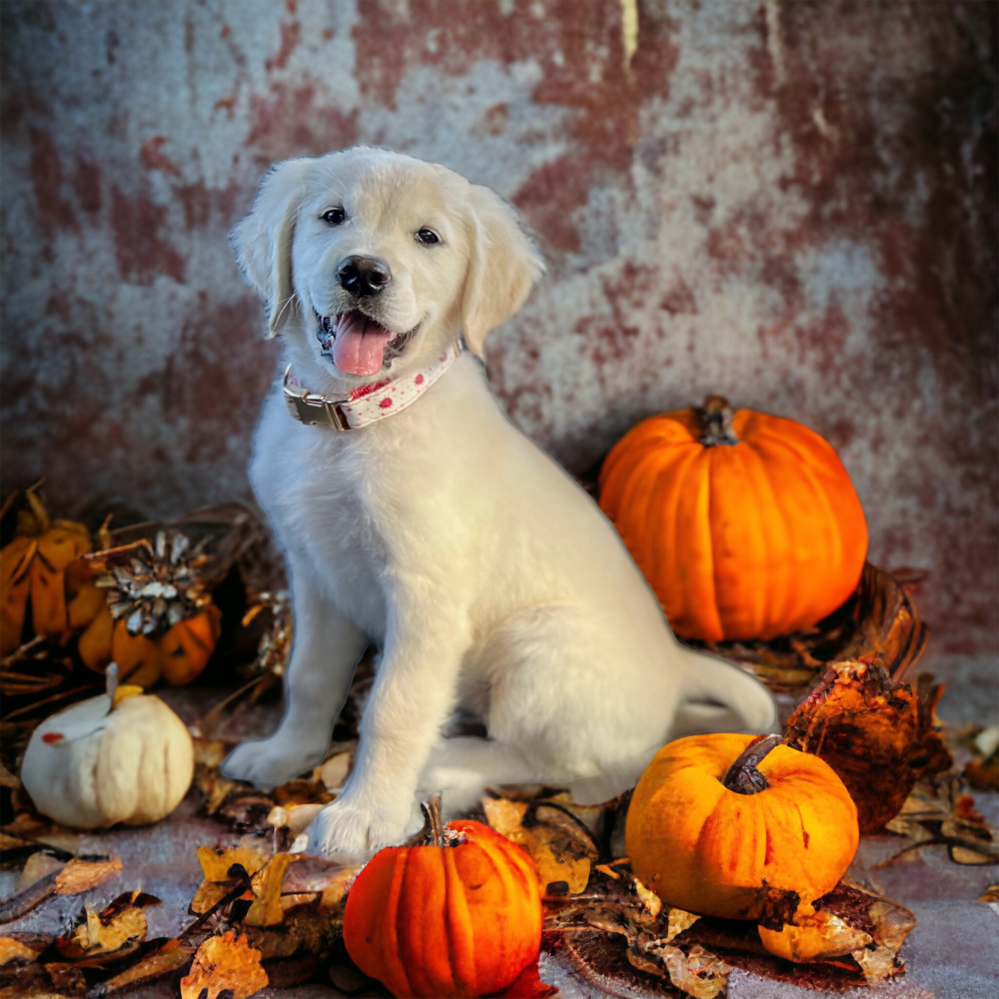 Golden Retriever puppy sitting among pumpkins