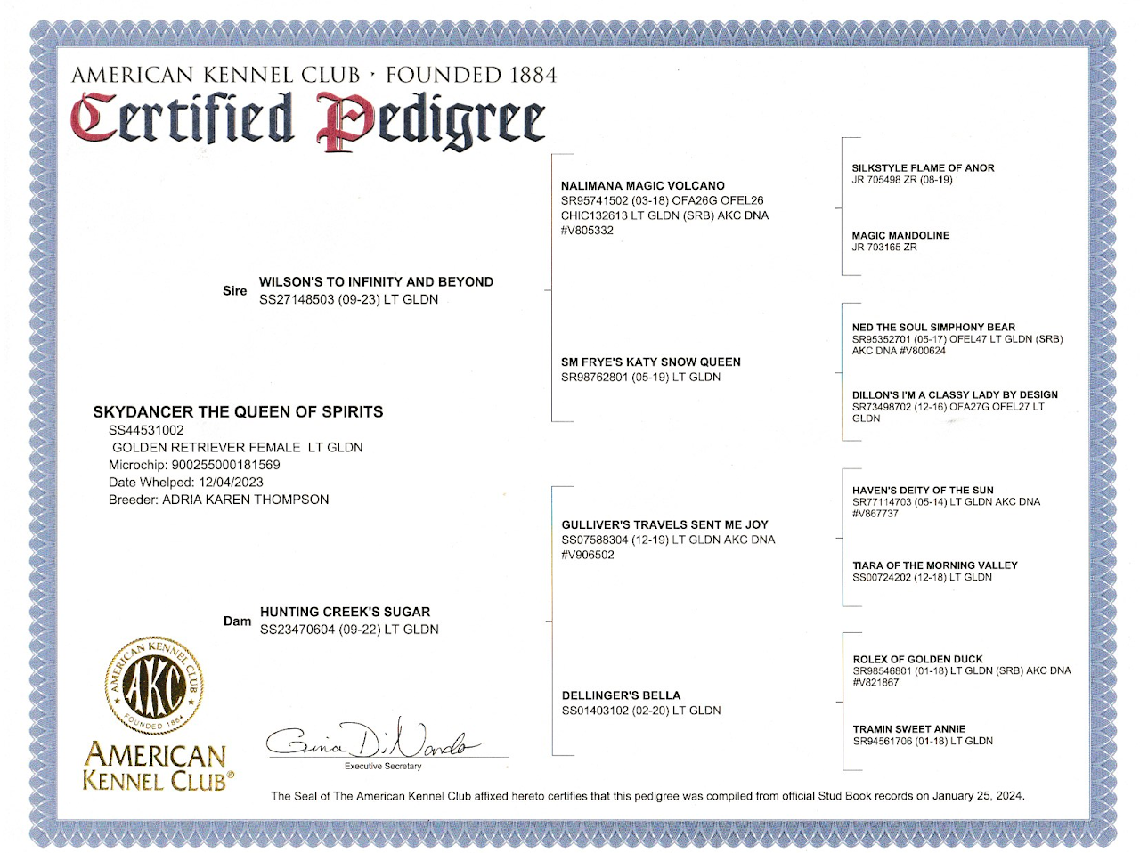 Sky's AKC certified pedigree