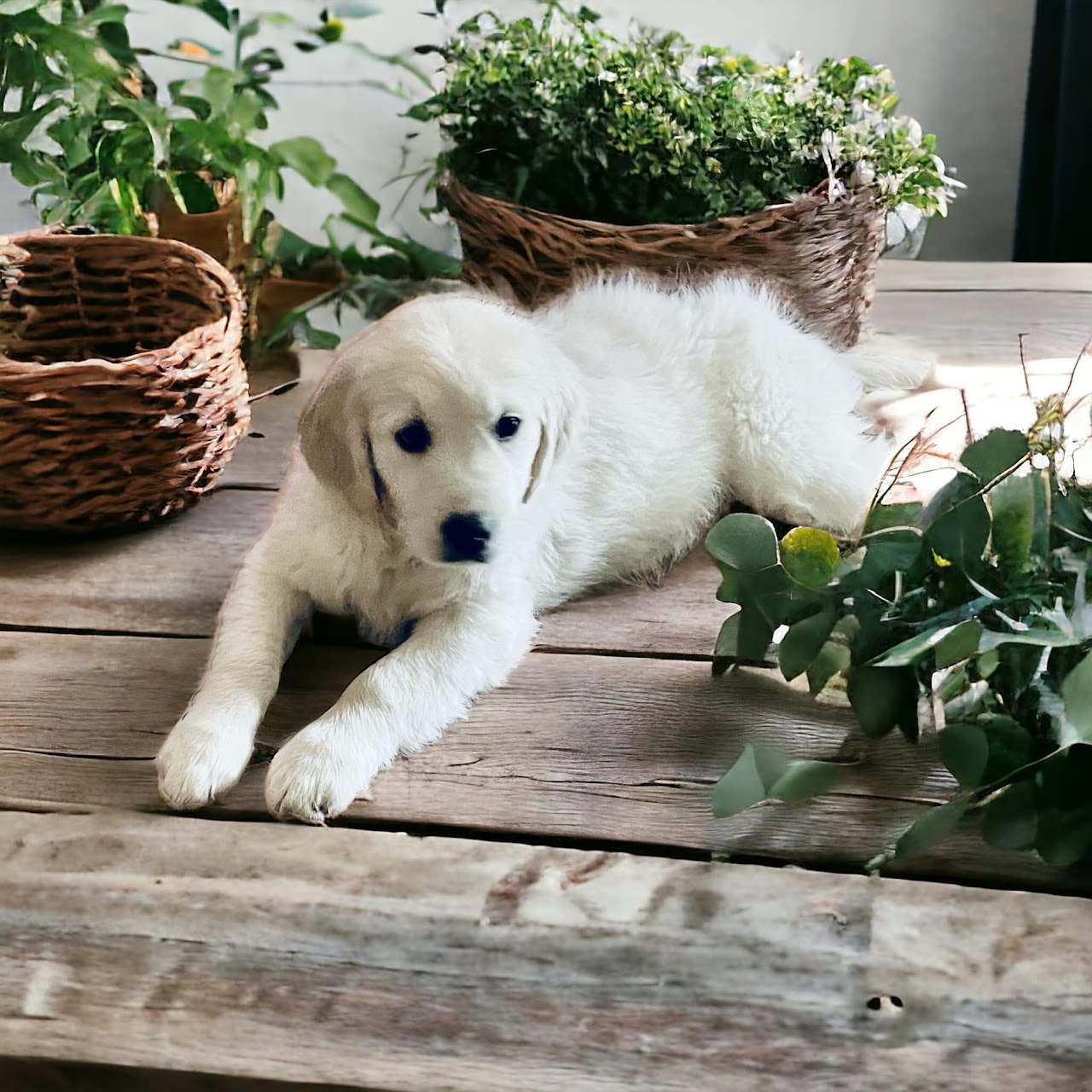 Sky posing among plants as a puppy